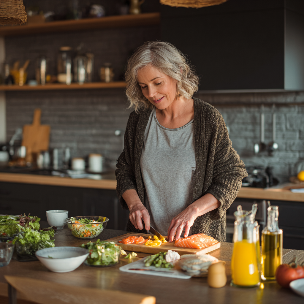 middle-aged woman preparing balanced nutritious meal in modern kitchen
