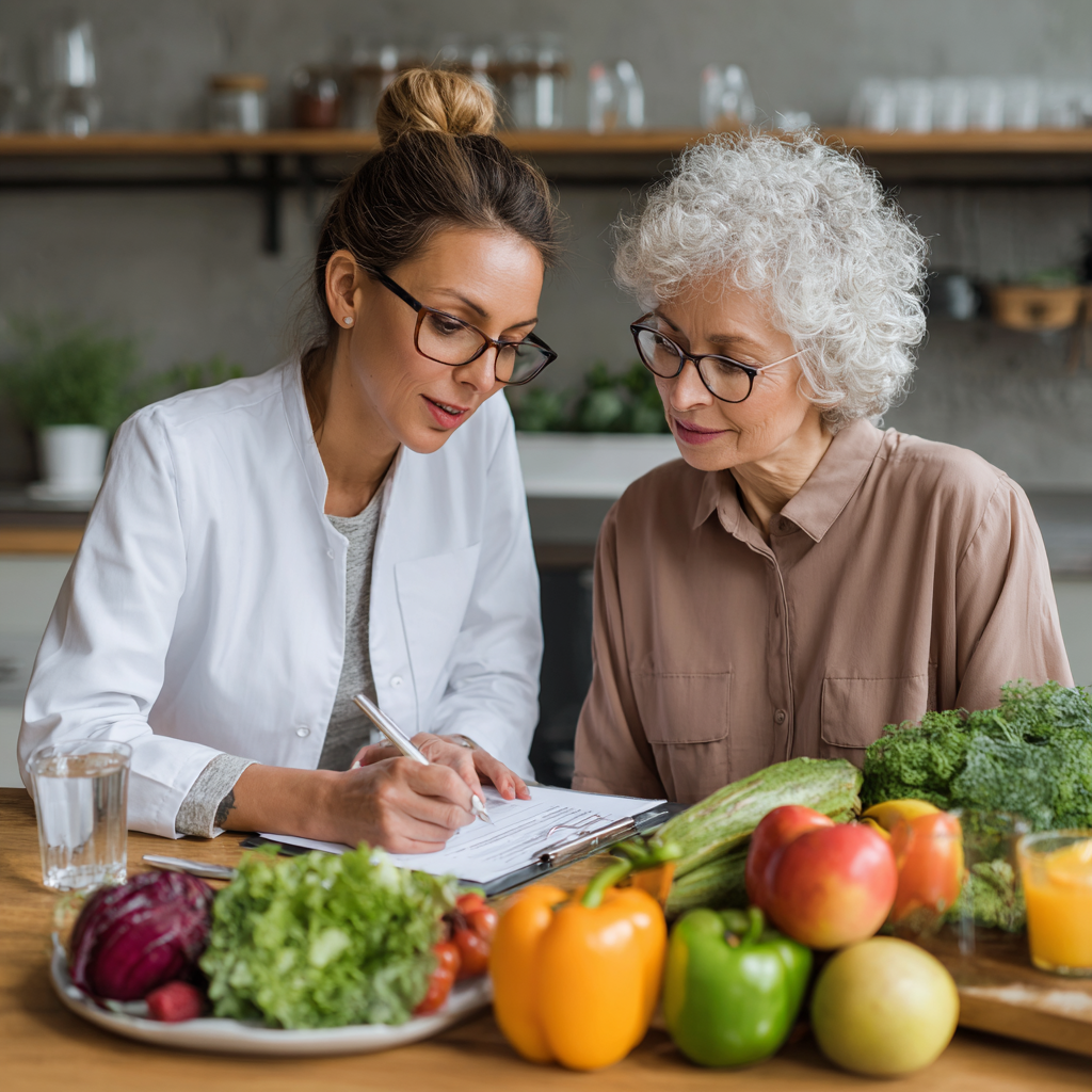 senior nutritionist consulting with middle-aged client about healthy meal planning